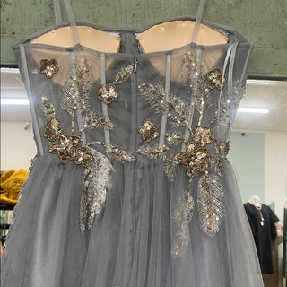 GB Gray Tulle Ball Gown prom dress with Gold Embellishment-lisa#1