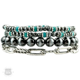 Turquoise Western Burnished Pearl Bead & Chain Bracelet Set