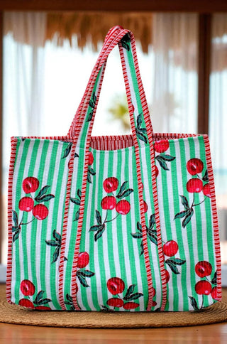 Campbell Green Striped Cherry Tote Bag