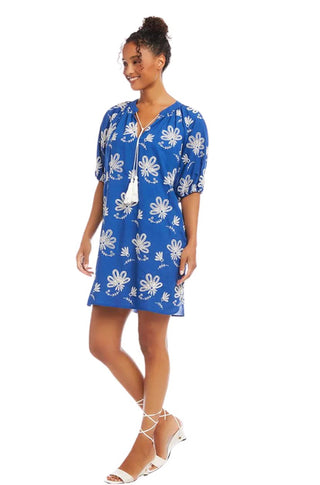 Karen Kane Blue Floral embroidered cotton Tassel dress