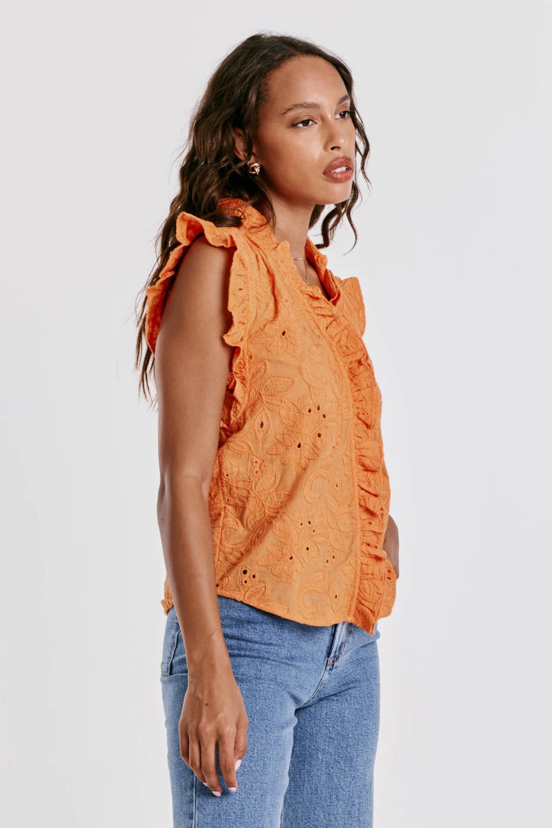 Dear John Ellie Apricot Crush Ruffle Embroidery Top