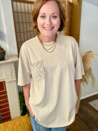 Light Khaki Crochet Pocket Mineral Wash Tee