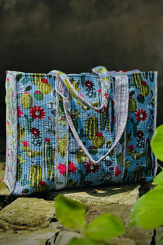 Clementine Blue Velvet Cactus Print Tote Bag