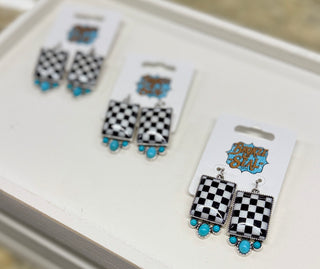 Western Checker Turquoise Earrings