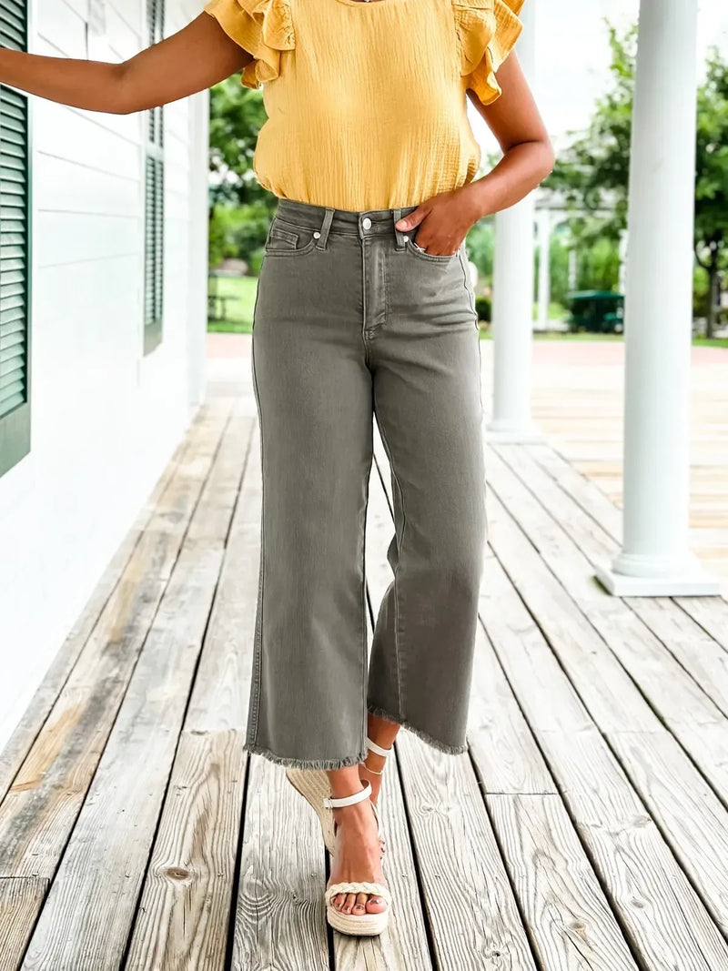 Judy Blue Olive High Rise Control Top Crop Wide Leg