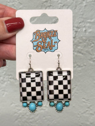 Western Checker Turquoise Earrings