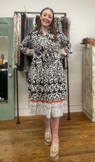 Gracia Paisley Print Black White Midi dress with Belt