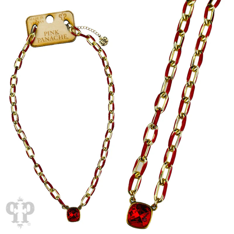 Enamel Chain Link Necklace w/Crystal Pendant