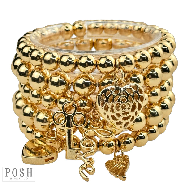 Gold Mixed Charm & Metallic Beaded Bracelet Set