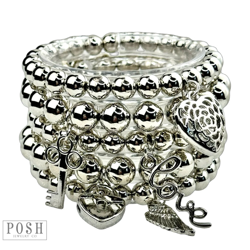 Silver Mixed Charm & Metallic Beaded Bracelet Set