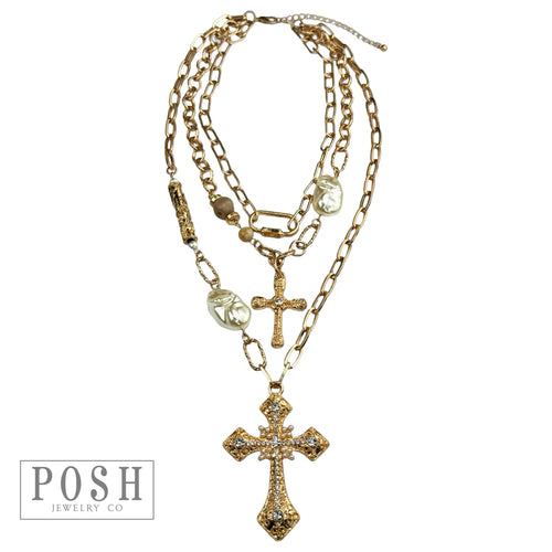 Layered Gold Chain Cross Necklace