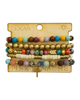 Multi-Color & Gold Bead Bracelet Set w/Cross Charm
