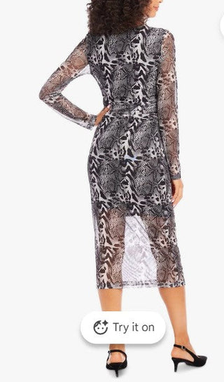 Karen Kane cheetah mesh Shirred midi Dress