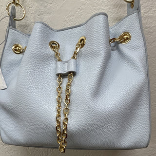 On 34th Light Blue Pebbled Bucket Drawstring Crossbody Bag with Gold Chain