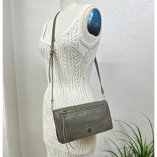 Tory Burch taupe Gray Small Pebbled Logo Crossbody Bag