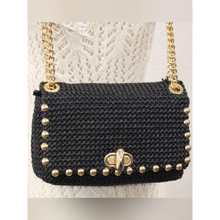 INC Black Woven Shoulder Bag with Gold Studs