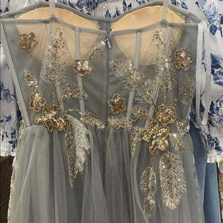 GB Gray Tulle Ball Gown prom dress with Gold Embellishment-lisa#1