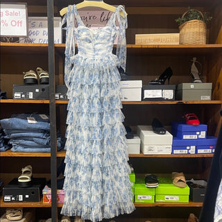 B smart Blue and White Ruffled Tie-Shoulder Maxi Dress size 0-lisa#3