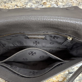 Tory Burch taupe Gray Small Pebbled Logo Crossbody Bag