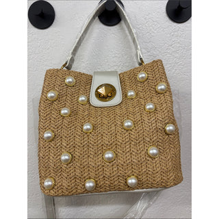 Betsey Johnson Pearl-Embellished Woven satchel Bag in Tan