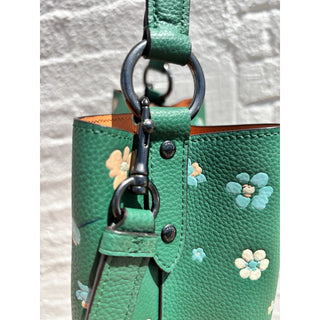 Coach Green Floral Leather Shoulder Bag Bucket Crossbody