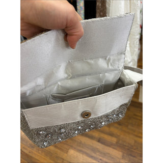 On 34th Embellished Ivory Evening Clutch with Crystal Beading