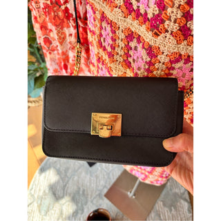 Michael Kors Black Leather Crossbody Bag with Gold Tone Hardware wallet attached