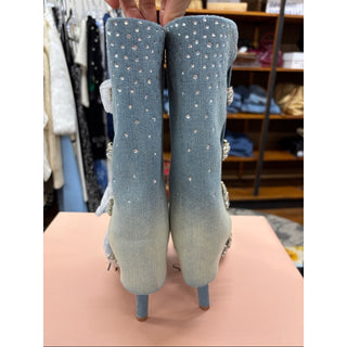 Thalia Sodi Blue/Beige Ombre Crystal-Embellished Denim High-Heel Boots W8M