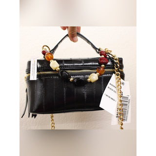 Steve Madden Black Patent Mini Top-Handle Bag with Beaded Accent