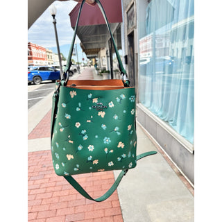 Coach Green Floral Leather Shoulder Bag Bucket Crossbody