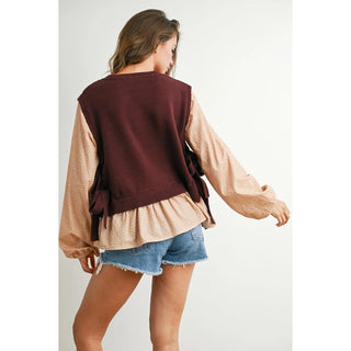 Brown Side Ribbon Knit Top