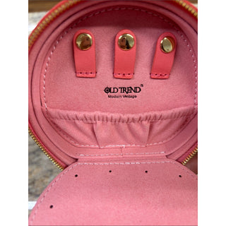 Old trend leather peach Round Coral Jewelry Case with Gold Stud