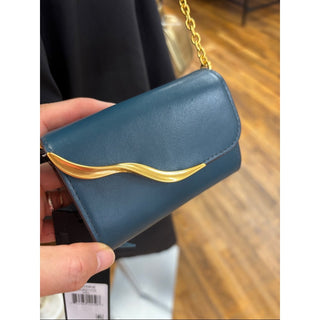 Donna Karan Teal Crossbody Chain Wallet card holder with Gold Accent