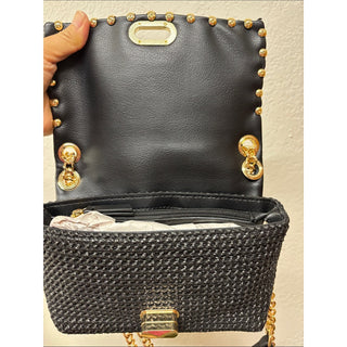 INC Black Woven Shoulder Bag with Gold Studs