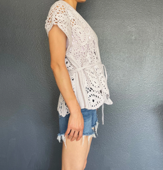 Crochet-knit alpaca wool cardigan with belt