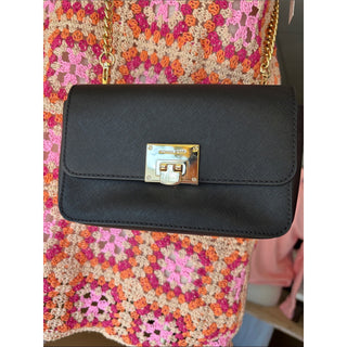 Michael Kors Black Leather Crossbody Bag with Gold Tone Hardware wallet attached
