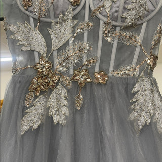 GB Gray Tulle Ball Gown prom dress with Gold Embellishment-lisa#1