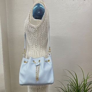 On 34th Light Blue Pebbled Bucket Drawstring Crossbody Bag with Gold Chain