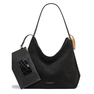 Donna Karan Black Suede Shoulder Bag with Gold Logo