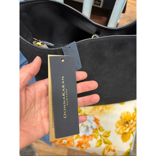 Donna Karan Black Suede Shoulder Bag with Gold Logo
