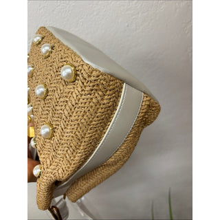 Betsey Johnson Pearl-Embellished Woven satchel Bag in Tan