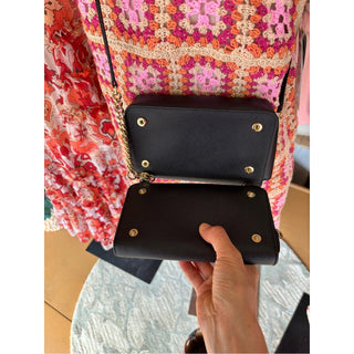 Michael Kors Black Leather Crossbody Bag with Gold Tone Hardware wallet attached