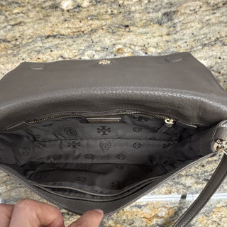 Tory Burch taupe Gray Small Pebbled Logo Crossbody Bag