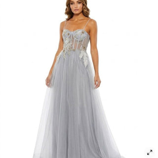 GB Gray Tulle Ball Gown prom dress with Gold Embellishment-lisa#1