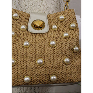 Betsey Johnson Pearl-Embellished Woven satchel Bag in Tan