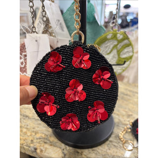 On 34th Black Beaded Round coin bag with Red Sequin Flower key chain bag charm