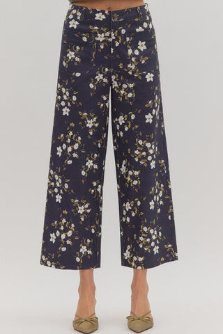 Navy Floral Wide Leg Pants