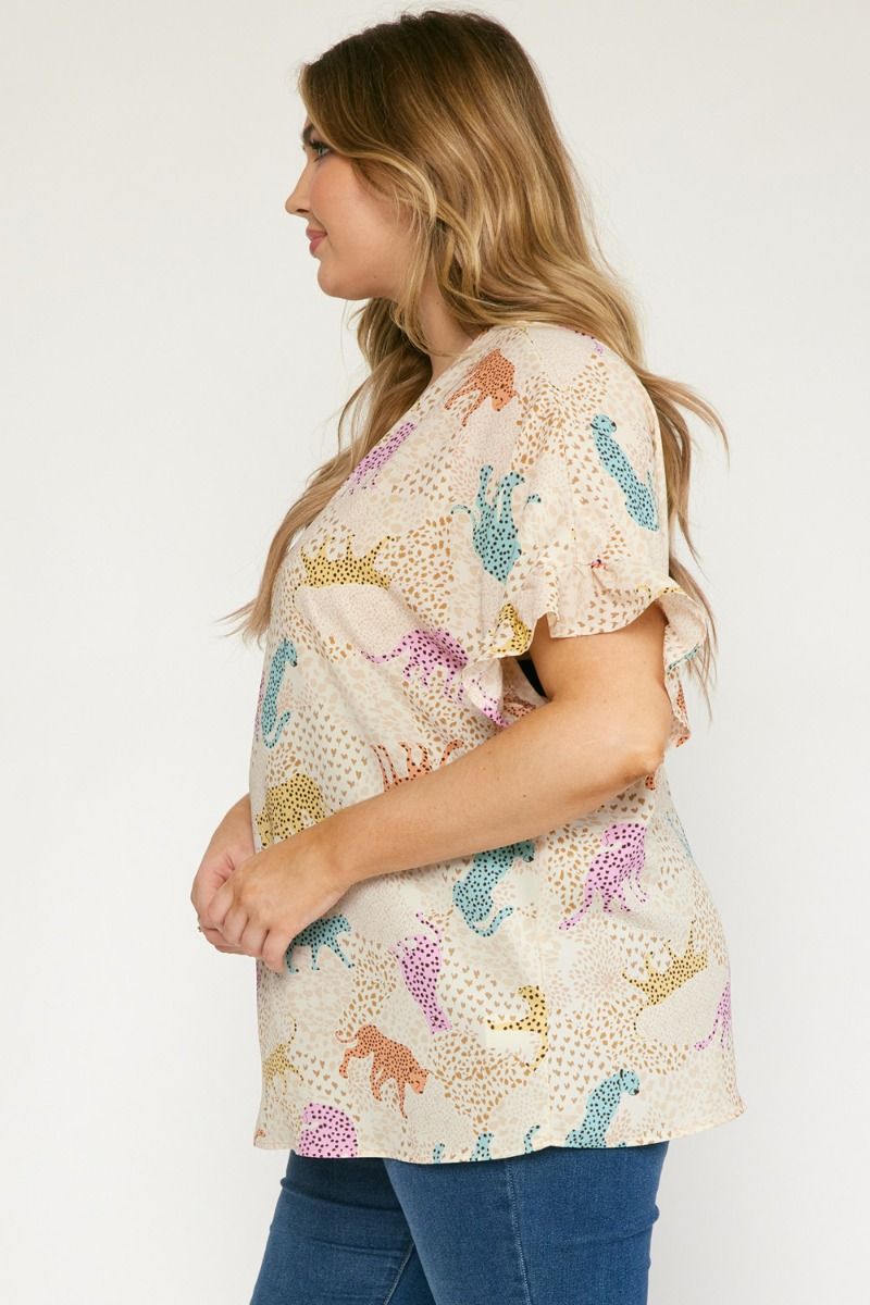 Fun Plus Leopard Ruffle Sleeve Top
