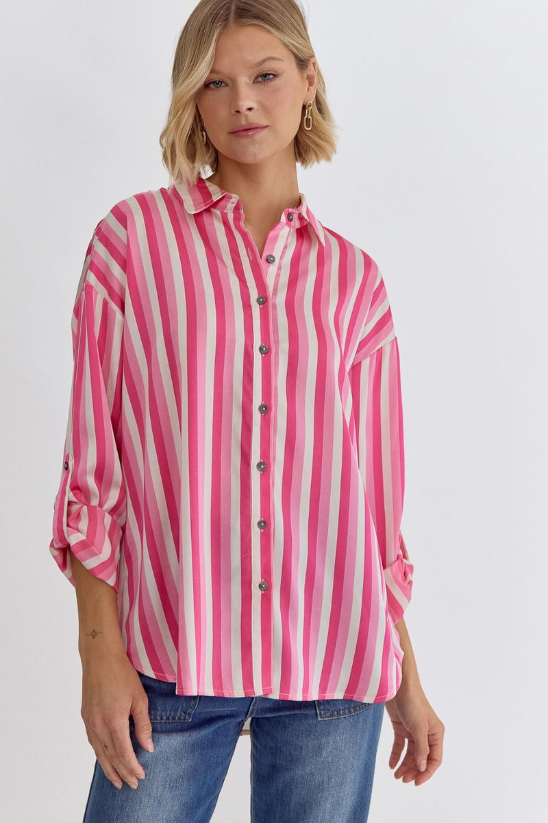 Pink Stripe Button Up Top