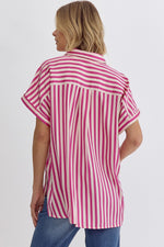 Pink Stripe Button Up Short Sleeve Top